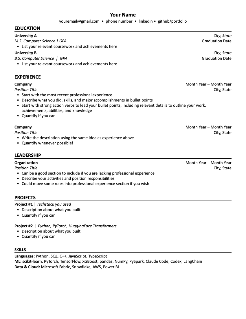 First page of the resume template: single-column, ATS-parseable layout with education, experience, leadership, projects, and skills sections